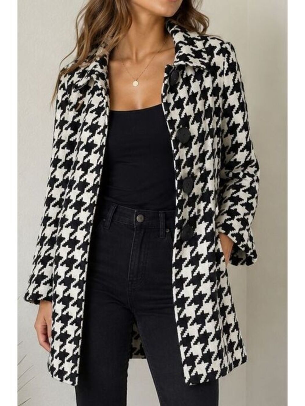 CHIME Houndstooth Coat Womens Small S Black White Wool Blend Button Front Small